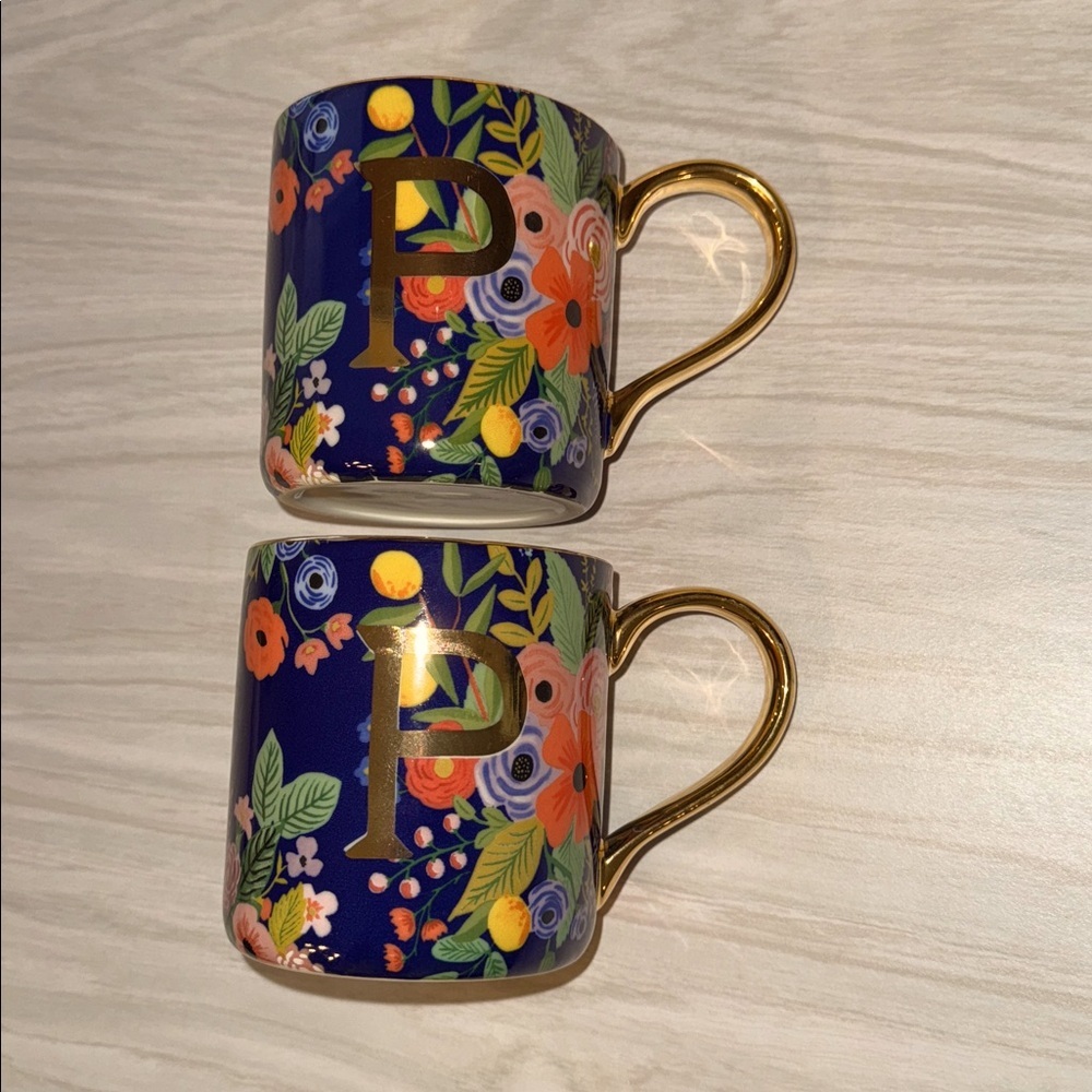 sale Rifle Paper Co. Anthropologie Floral Monogram Coffee Tea Cup/Mug Gold “P”